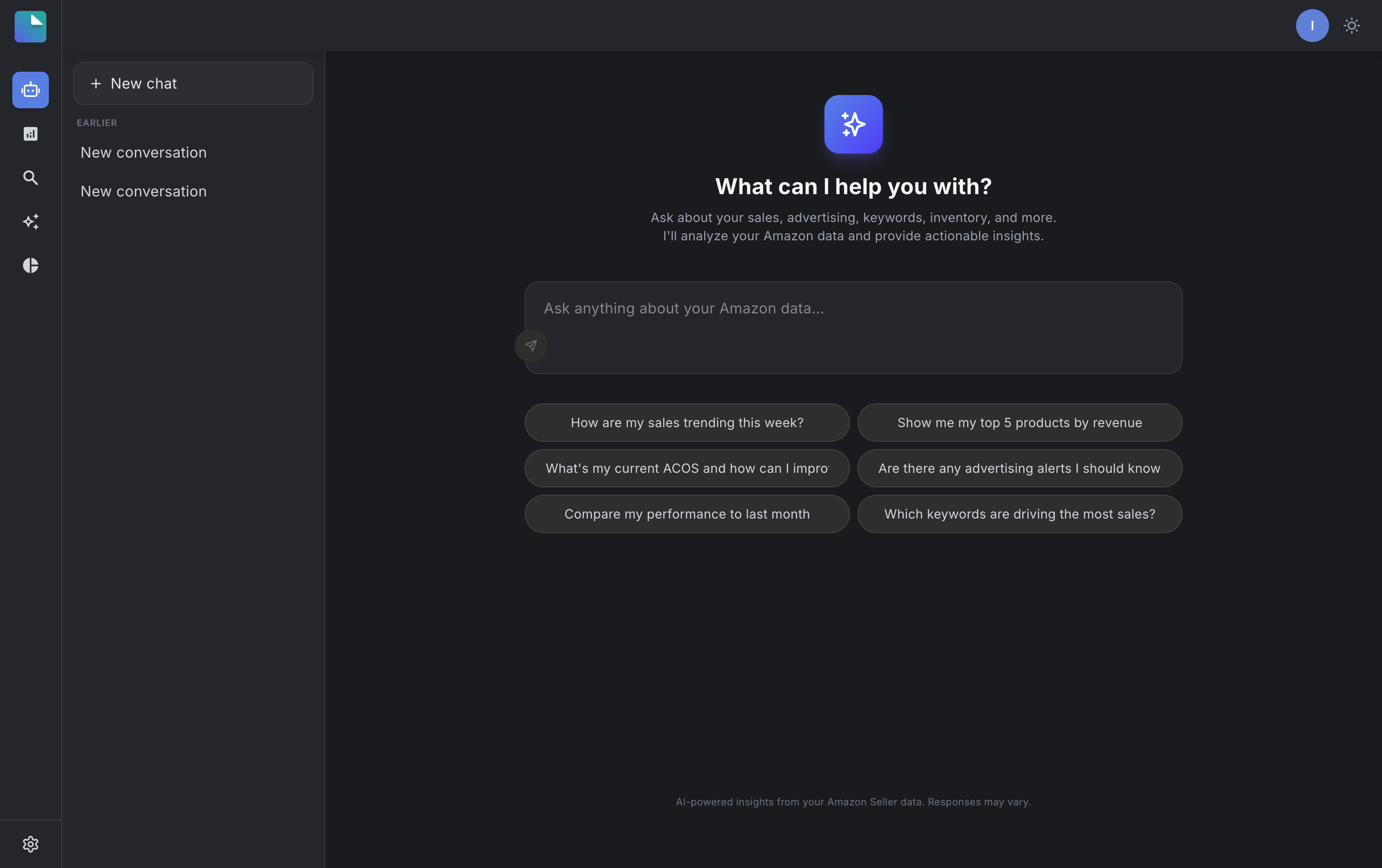 Vela, the 1st Page AI analyst: an input reading 'Ask anything about your Amazon data' above six real business questions.